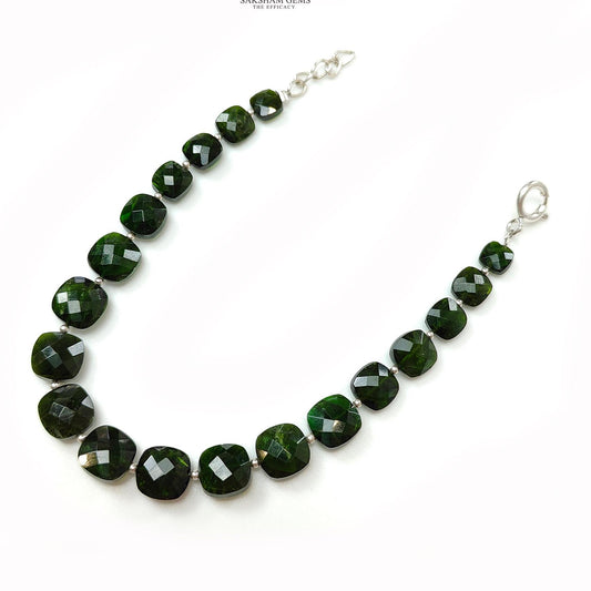 Chrome Diopside Gemstone Beads Bracelet : 11.59gms Green Chrome Diopside 925 Sterling Sliver Beaded Bracelet Checker Cut Bracelet 8"