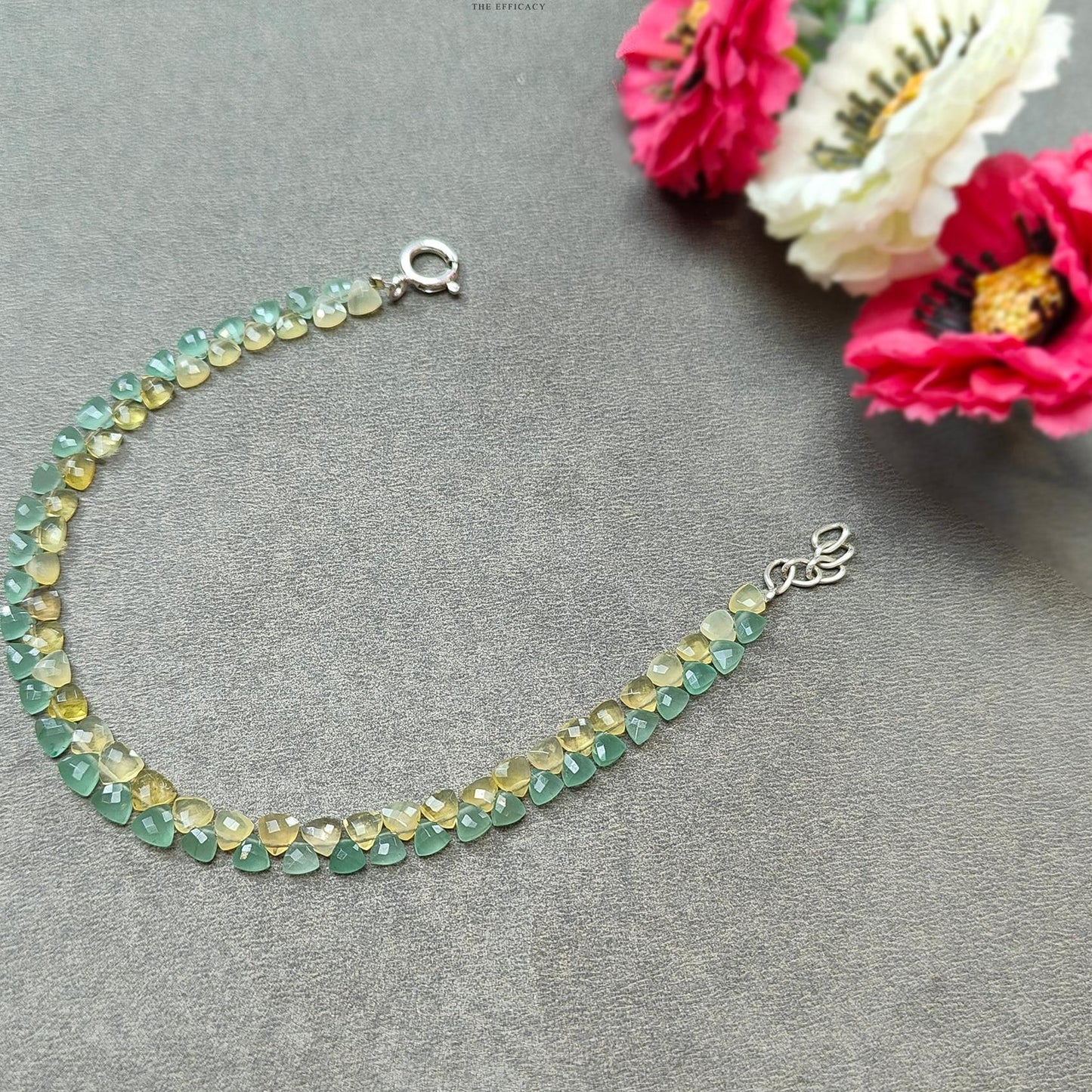 Opal & Quartz Beads Bracelet : 4.24gms 925 Sterling Silver Yellow Opal And Green Quartz Gemstone Briolette Triangle Checker Cut Bracelet 8"