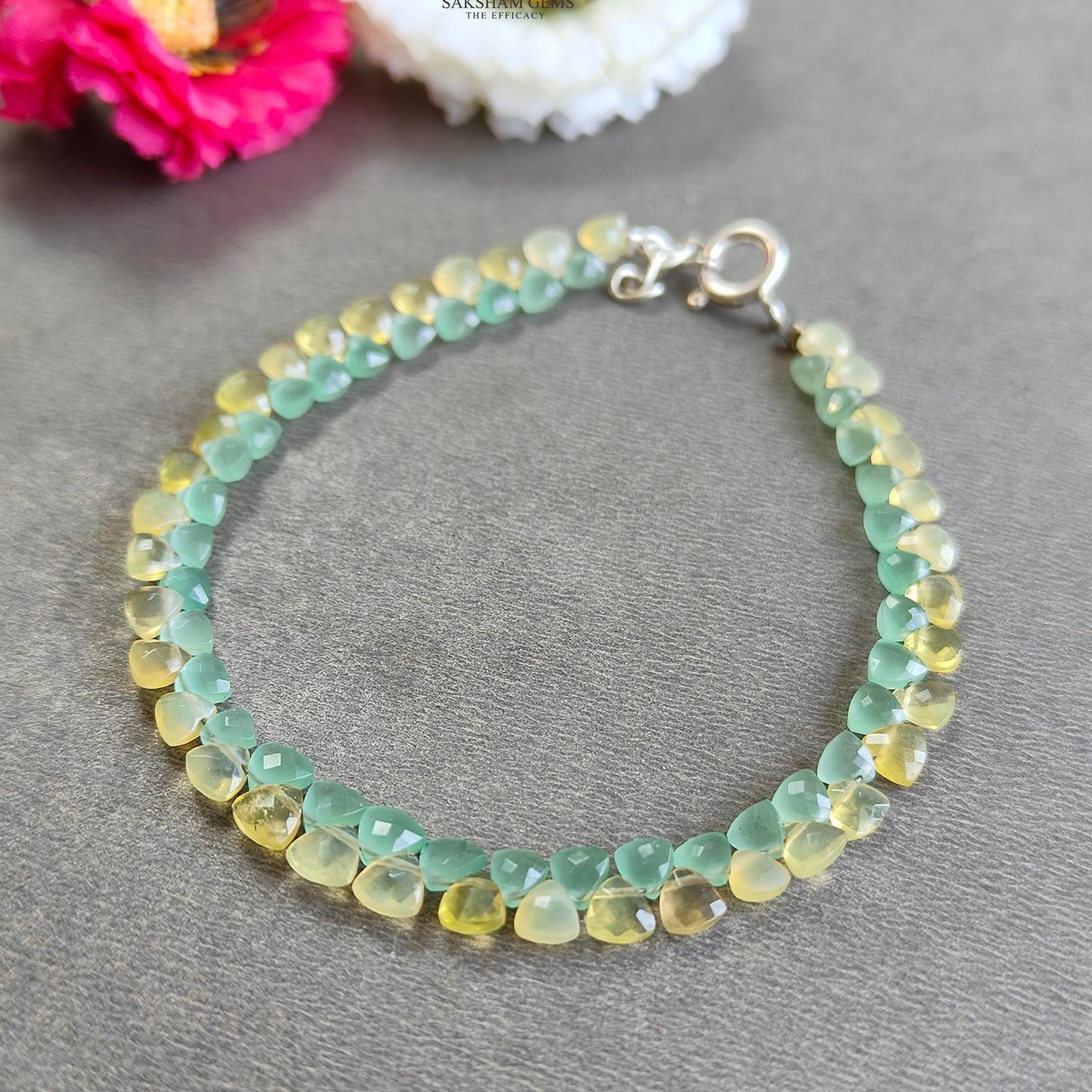 Opal & Quartz Beads Bracelet : 4.24gms 925 Sterling Silver Yellow Opal And Green Quartz Gemstone Briolette Triangle Checker Cut Bracelet 8"
