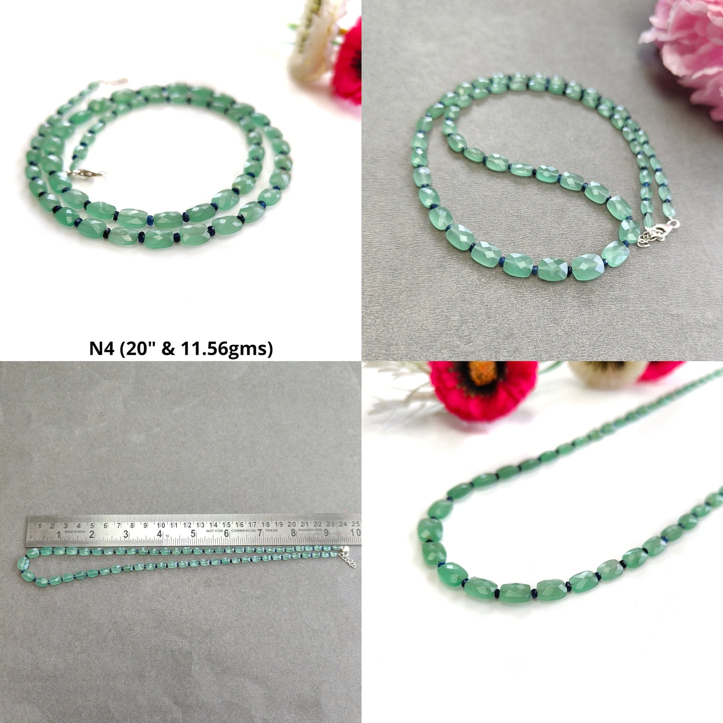 Quartz & Sapphire Beads Necklace : 925 Sterling Silver Natural Green Quartz Blue Sapphire Briolette Faceted Cushion Beaded Necklace
