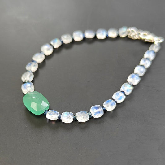 Gemstone Beads Bracelet : 3.56gms Green Quartz Rainbow Moonstone Blue Sapphire 925 Sterling Sliver Beaded Bracelet Briolette Checker Cut 7"