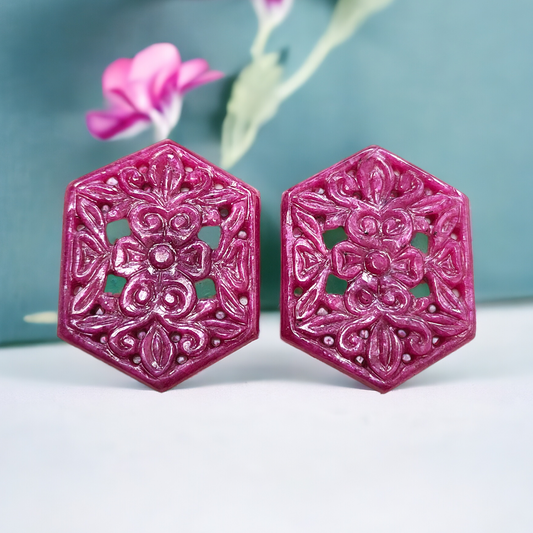 Ruby Gemstone Carving : 72.30cts Natural Untreated Unheated Red Ruby Hand Carved Hexagon Shape 36*27.5mm Pair