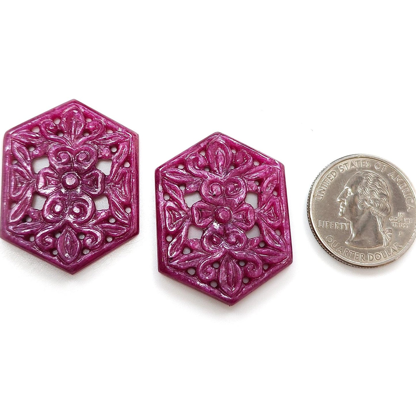 Ruby Gemstone Carving : 72.30cts Natural Untreated Unheated Red Ruby Hand Carved Hexagon Shape 36*27.5mm Pair