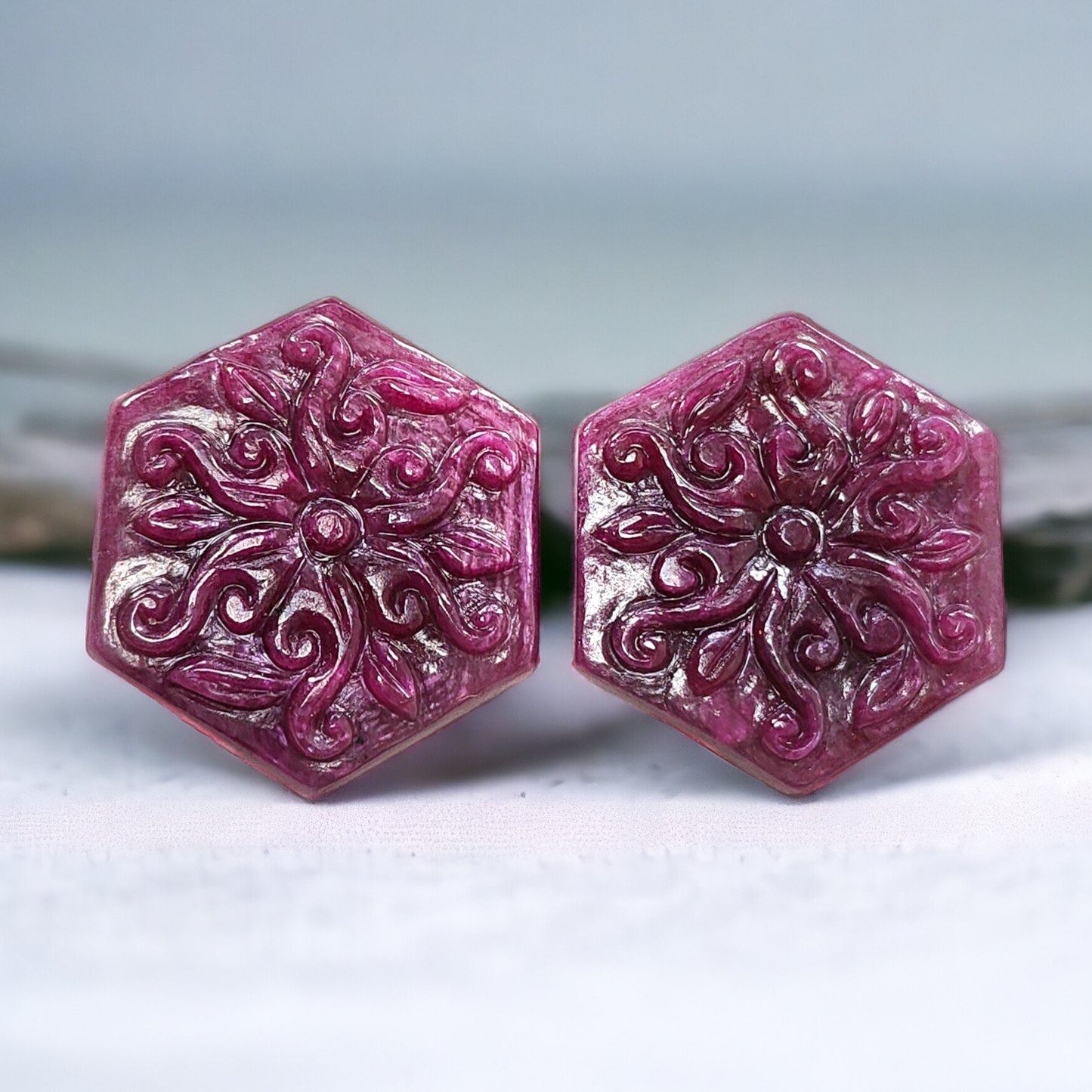 Ruby Gemstone Carving : 76.30cts Natural Untreated Unheated Red Ruby Hand Carved Hexagon Shape 29*25.5mm Pair