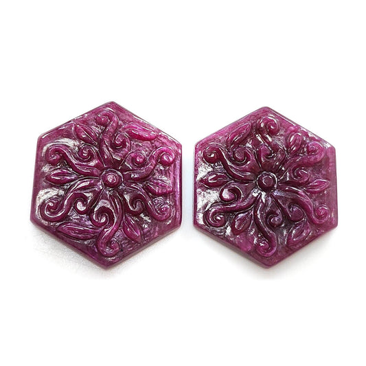 Ruby Gemstone Carving : 76.30cts Natural Untreated Unheated Red Ruby Hand Carved Hexagon Shape 29*25.5mm Pair