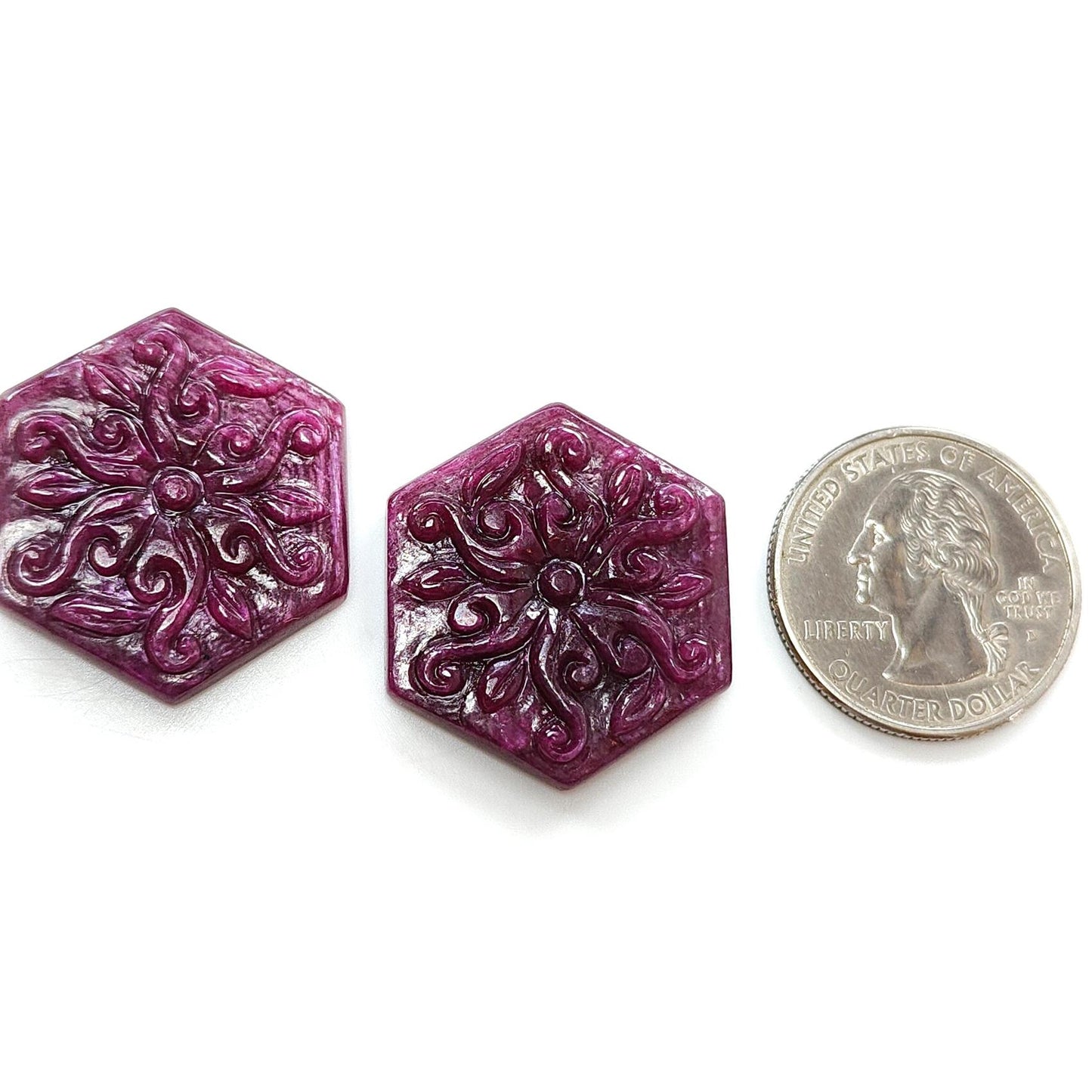 Ruby Gemstone Carving : 76.30cts Natural Untreated Unheated Red Ruby Hand Carved Hexagon Shape 29*25.5mm Pair