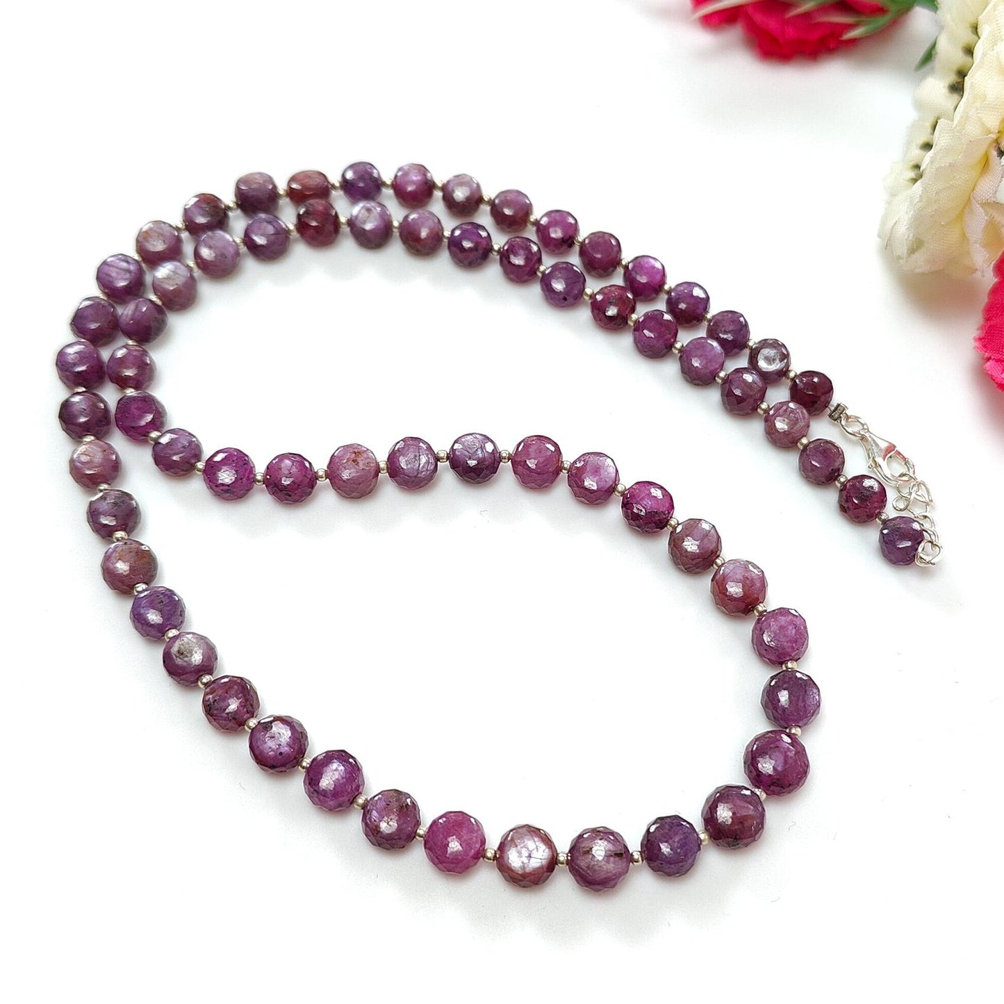 Raspberry Sheen Purple Pink Sapphire Gemstone Beads Necklace: 31.19gms Natural Sapphire Round Shape Side Faceted Necklace 6mm - 7mm 21"