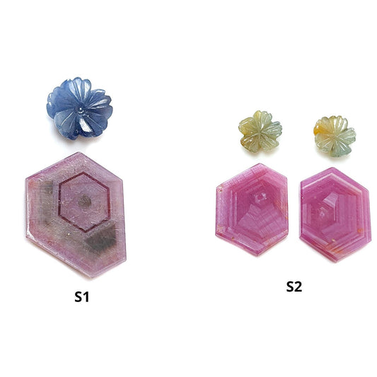 Rosemary Sheen SAPPHIRE Gemstone Flat Slices & Flower Carving : Natural Untreated Unheated Multi Sapphire Round , Hexagon Shapes Sets