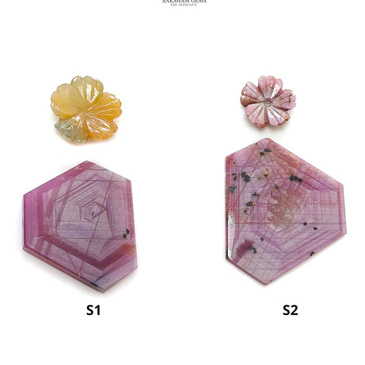 Rosemary Sheen SAPPHIRE Gemstone Flat Slices & Flower Carving : Natural Untreated Unheated Multi Sapphire Round , Hexagon Shapes 2pcs Sets