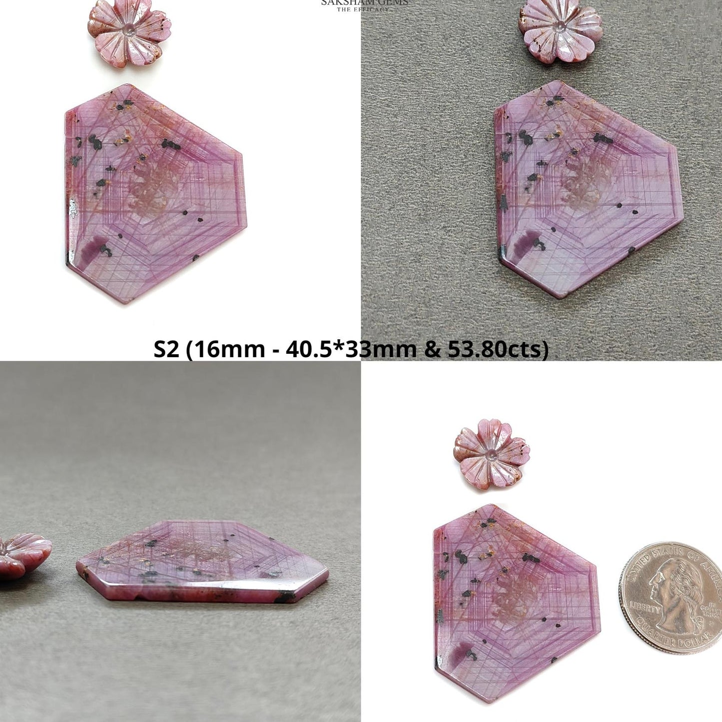 Rosemary Sheen SAPPHIRE Gemstone Flat Slices & Flower Carving : Natural Untreated Unheated Multi Sapphire Round , Hexagon Shapes 2pcs Sets