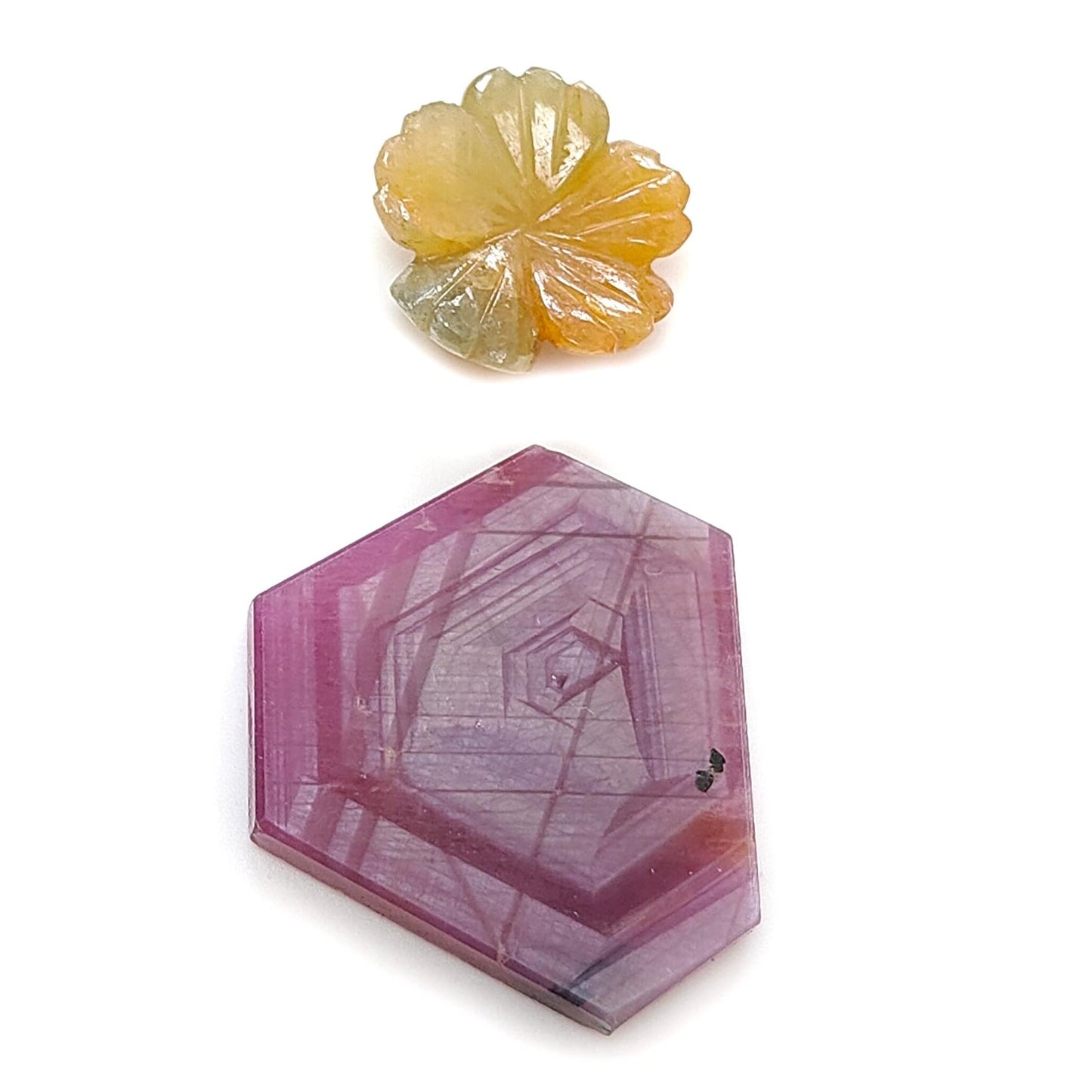 Rosemary Sheen SAPPHIRE Gemstone Flat Slices & Flower Carving : Natural Untreated Unheated Multi Sapphire Round , Hexagon Shapes 2pcs Sets