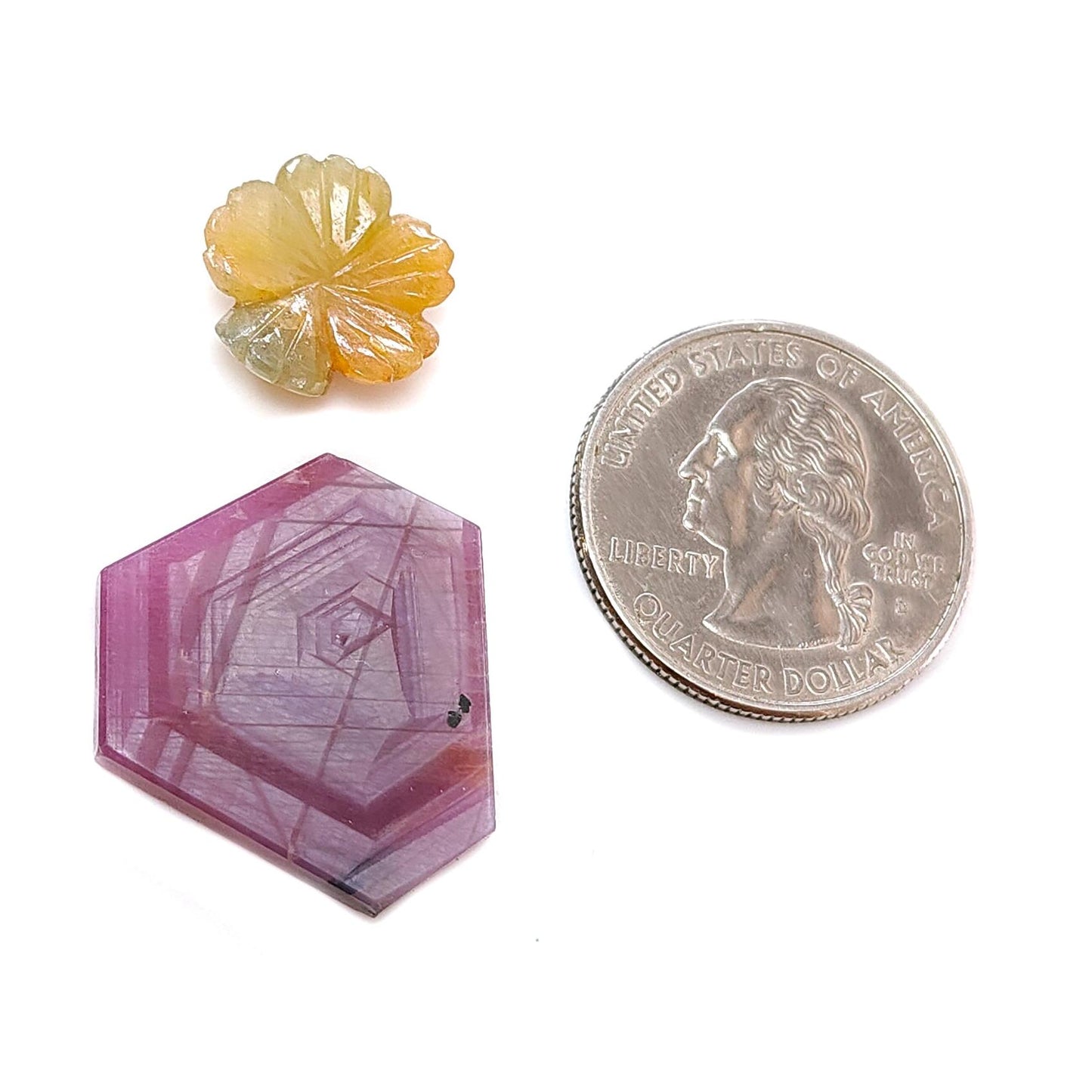 Rosemary Sheen SAPPHIRE Gemstone Flat Slices & Flower Carving : Natural Untreated Unheated Multi Sapphire Round , Hexagon Shapes 2pcs Sets