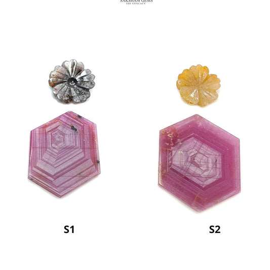 Rosemary Sheen SAPPHIRE Gemstone Flat Slices & Flower Carving : Natural Untreated Unheated Multi Sapphire Round , Hexagon Shapes 2pcs Sets