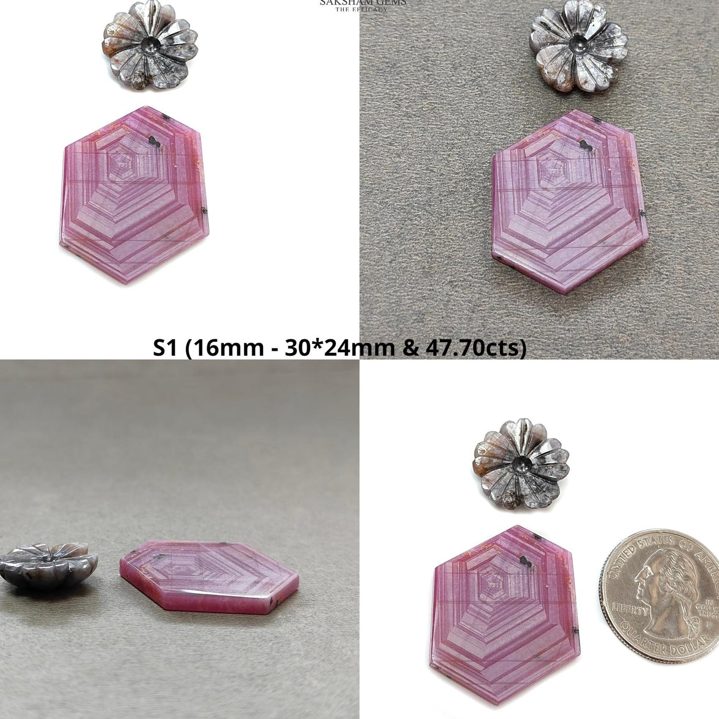 Rosemary Sheen SAPPHIRE Gemstone Flat Slices & Flower Carving : Natural Untreated Unheated Multi Sapphire Round , Hexagon Shapes 2pcs Sets