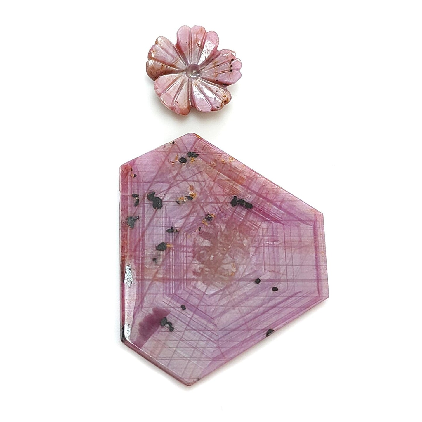 Rosemary Sheen SAPPHIRE Gemstone Flat Slices & Flower Carving : Natural Untreated Unheated Multi Sapphire Round , Hexagon Shapes 2pcs Sets