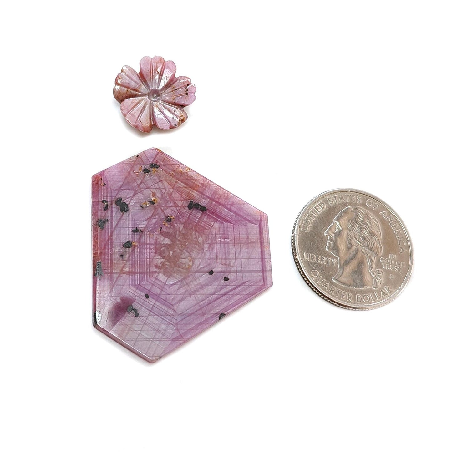 Rosemary Sheen SAPPHIRE Gemstone Flat Slices & Flower Carving : Natural Untreated Unheated Multi Sapphire Round , Hexagon Shapes 2pcs Sets