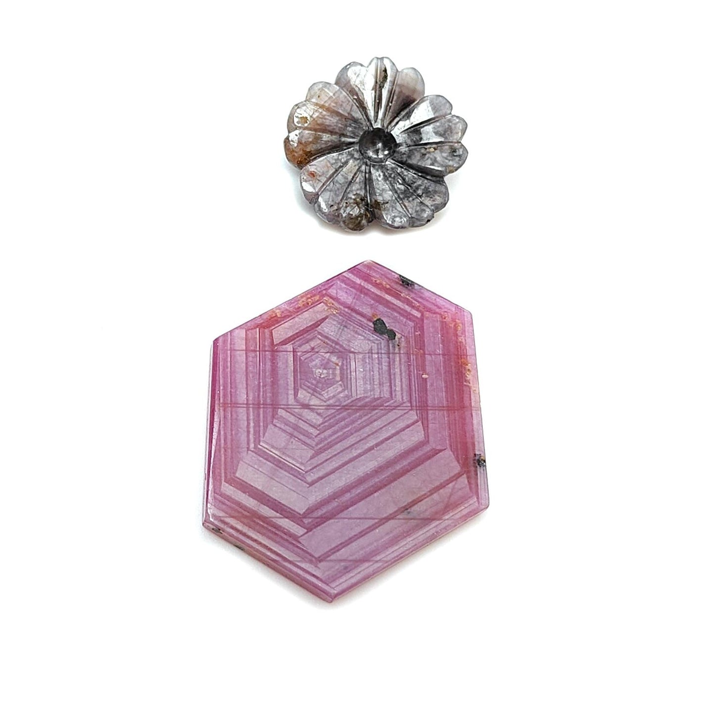 Rosemary Sheen SAPPHIRE Gemstone Flat Slices & Flower Carving : Natural Untreated Unheated Multi Sapphire Round , Hexagon Shapes 2pcs Sets