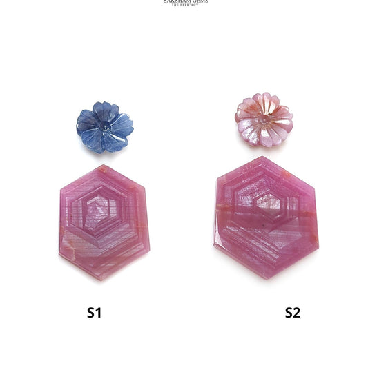 Rosemary Sheen SAPPHIRE Gemstone Flat Slices & Flower Carving : Natural Untreated Unheated Multi Sapphire Round , Hexagon Shapes 2pcs Sets