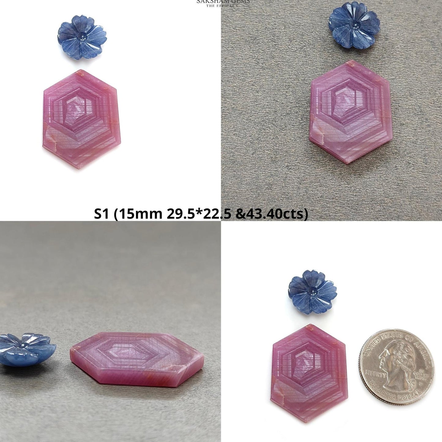 Rosemary Sheen SAPPHIRE Gemstone Flat Slices & Flower Carving : Natural Untreated Unheated Multi Sapphire Round , Hexagon Shapes 2pcs Sets