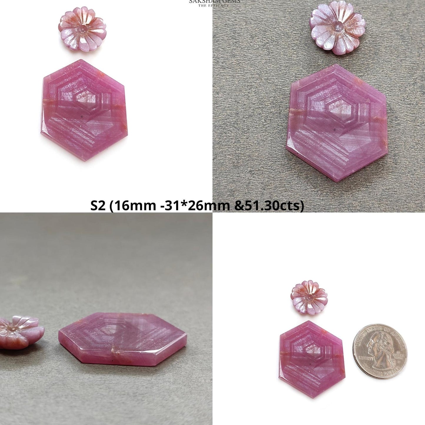 Rosemary Sheen SAPPHIRE Gemstone Flat Slices & Flower Carving : Natural Untreated Unheated Multi Sapphire Round , Hexagon Shapes 2pcs Sets