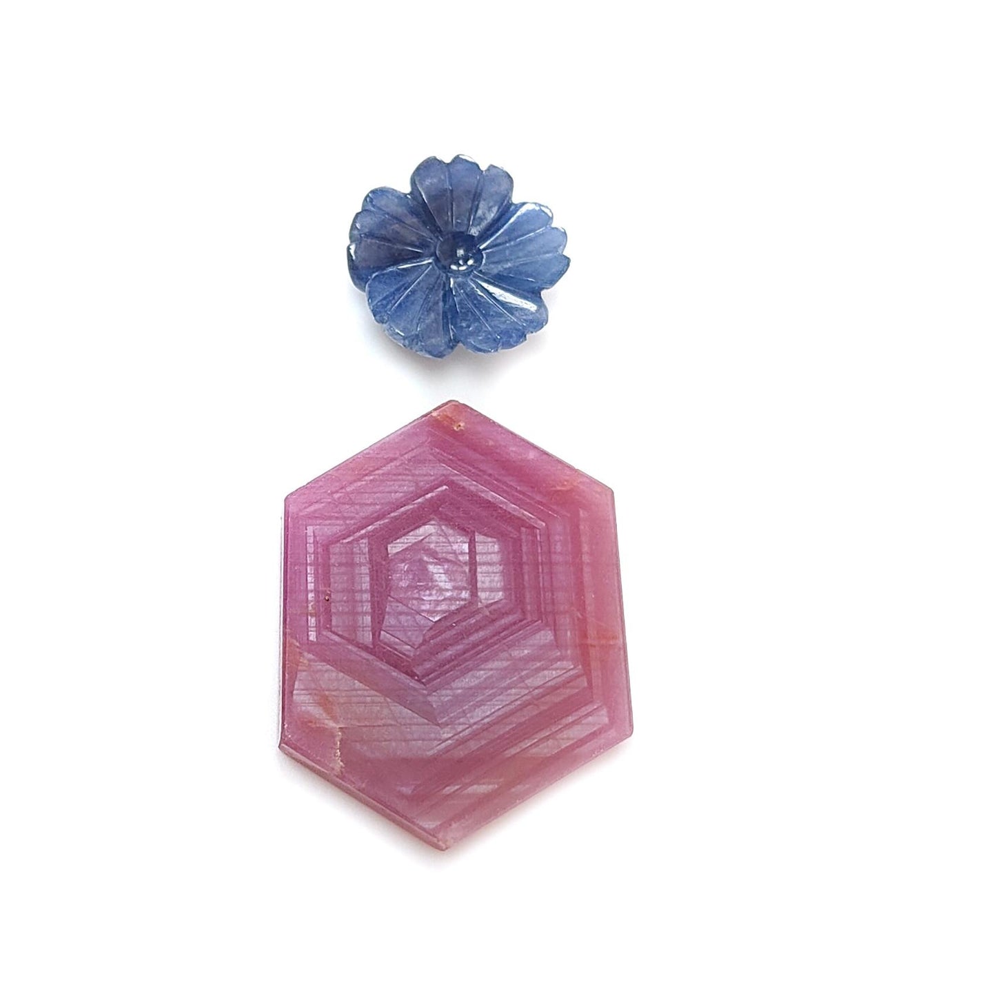 Rosemary Sheen SAPPHIRE Gemstone Flat Slices & Flower Carving : Natural Untreated Unheated Multi Sapphire Round , Hexagon Shapes 2pcs Sets