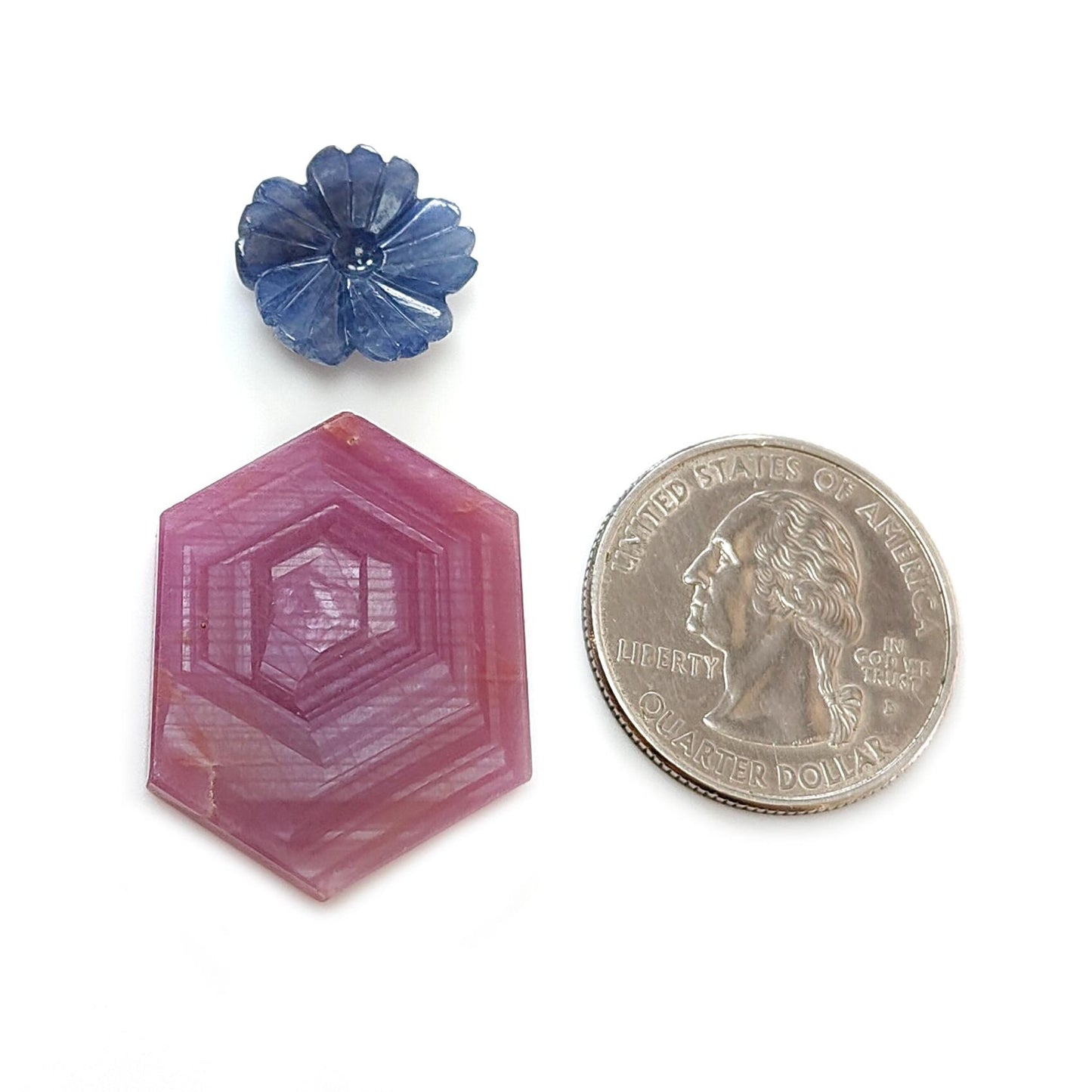Rosemary Sheen SAPPHIRE Gemstone Flat Slices & Flower Carving : Natural Untreated Unheated Multi Sapphire Round , Hexagon Shapes 2pcs Sets