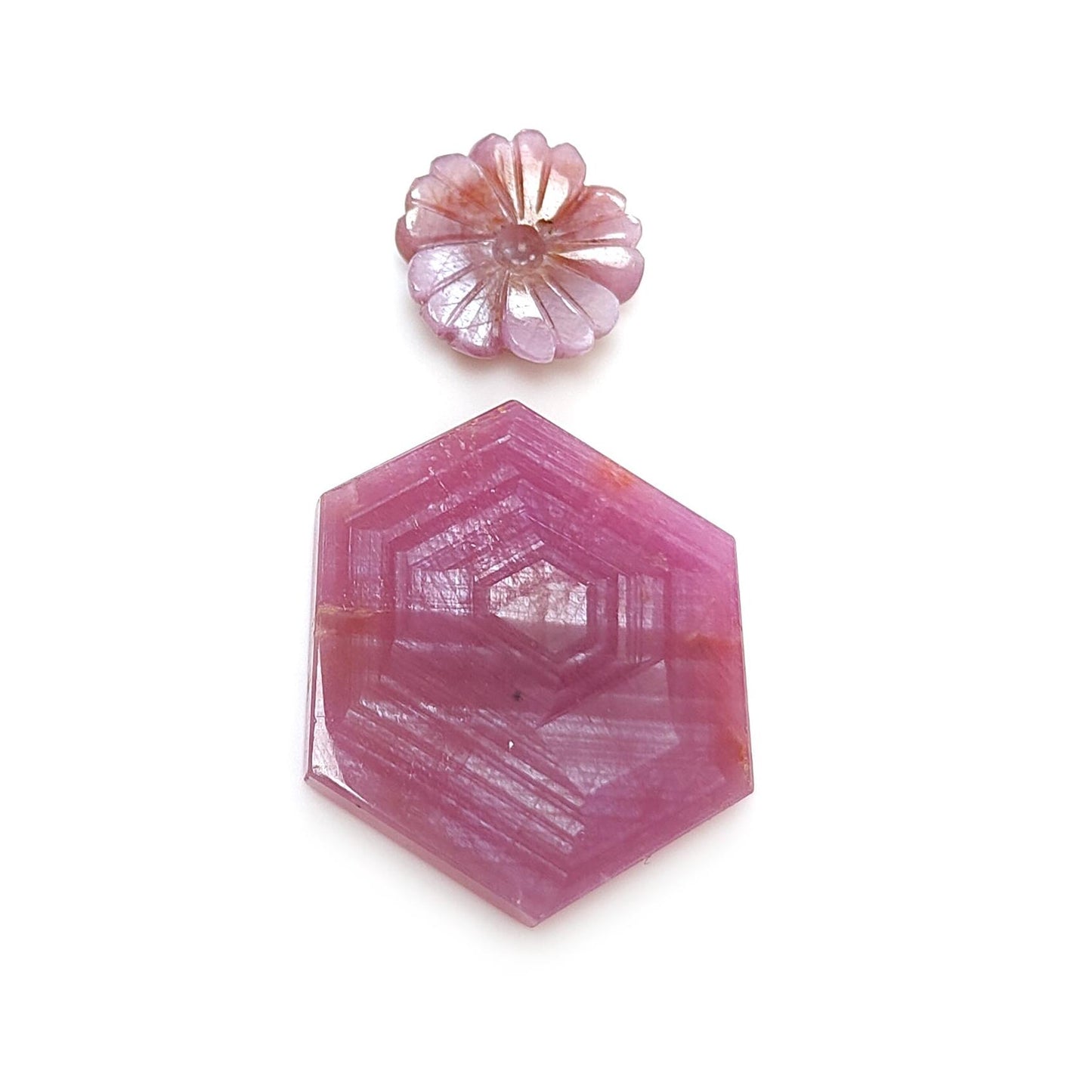 Rosemary Sheen SAPPHIRE Gemstone Flat Slices & Flower Carving : Natural Untreated Unheated Multi Sapphire Round , Hexagon Shapes 2pcs Sets