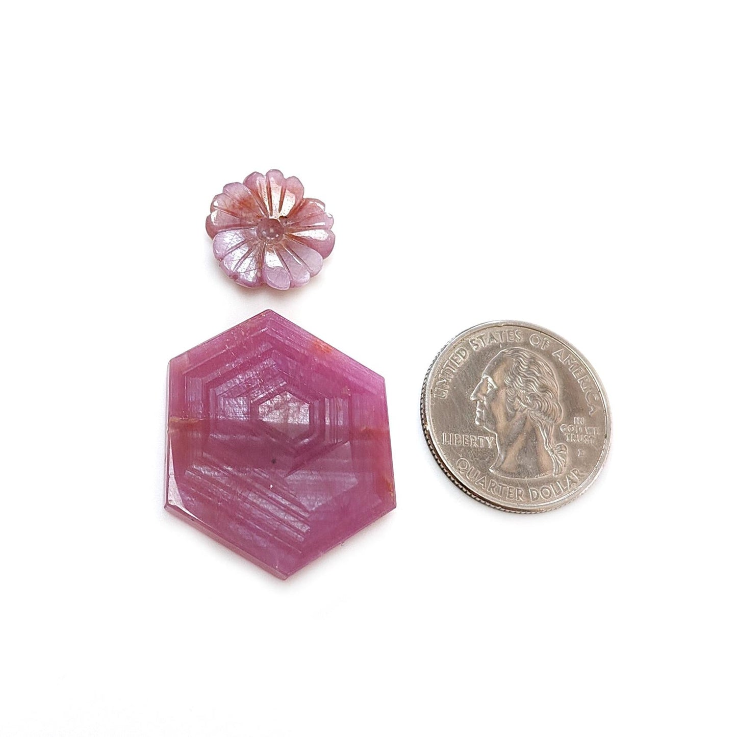 Rosemary Sheen SAPPHIRE Gemstone Flat Slices & Flower Carving : Natural Untreated Unheated Multi Sapphire Round , Hexagon Shapes 2pcs Sets