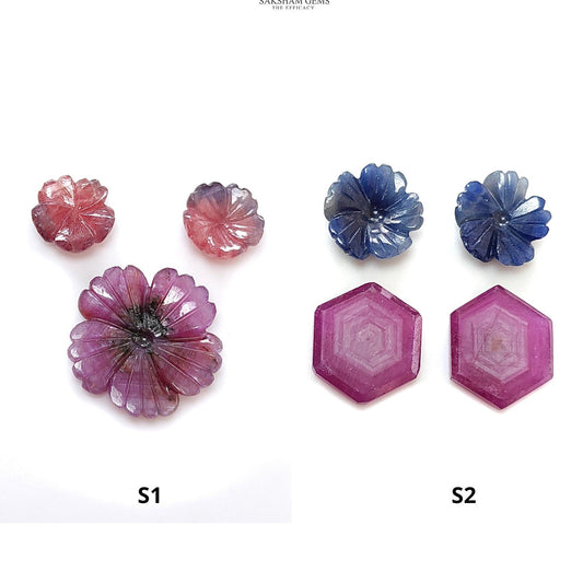 Rosemary Sheen SAPPHIRE Gemstone Flat Slices & Flower Carving : Natural Untreated Unheated Multi Sapphire Round , Hexagon Shapes Sets