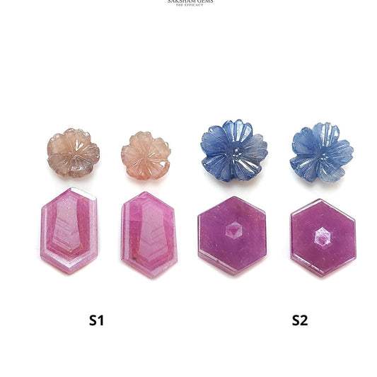 Rosemary Sheen SAPPHIRE Gemstone Flat Slices & Flower Carving : Natural Untreated Unheated Multi Sapphire Round , Hexagon Shapes 4pcs Sets
