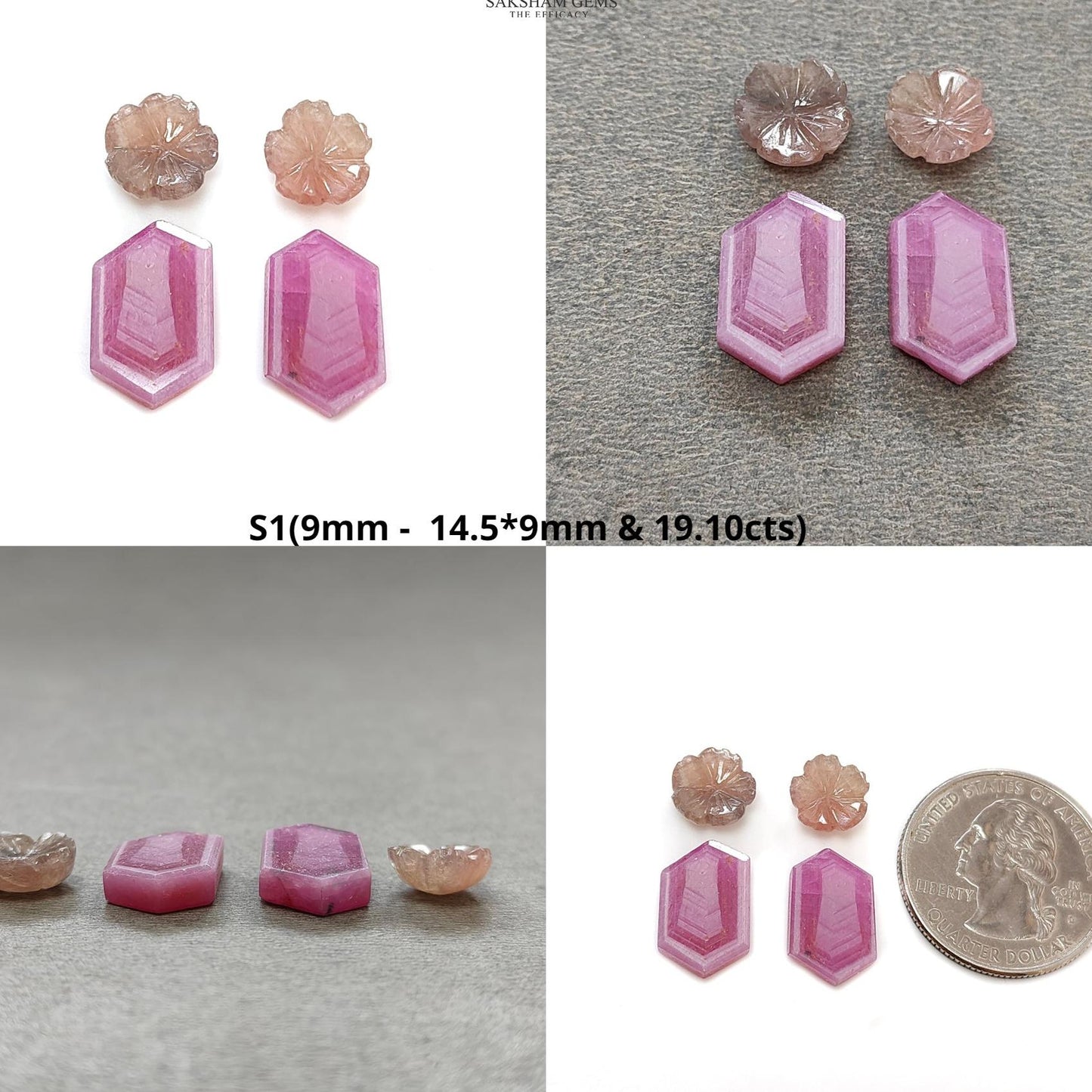 Rosemary Sheen SAPPHIRE Gemstone Flat Slices & Flower Carving : Natural Untreated Unheated Multi Sapphire Round , Hexagon Shapes 4pcs Sets