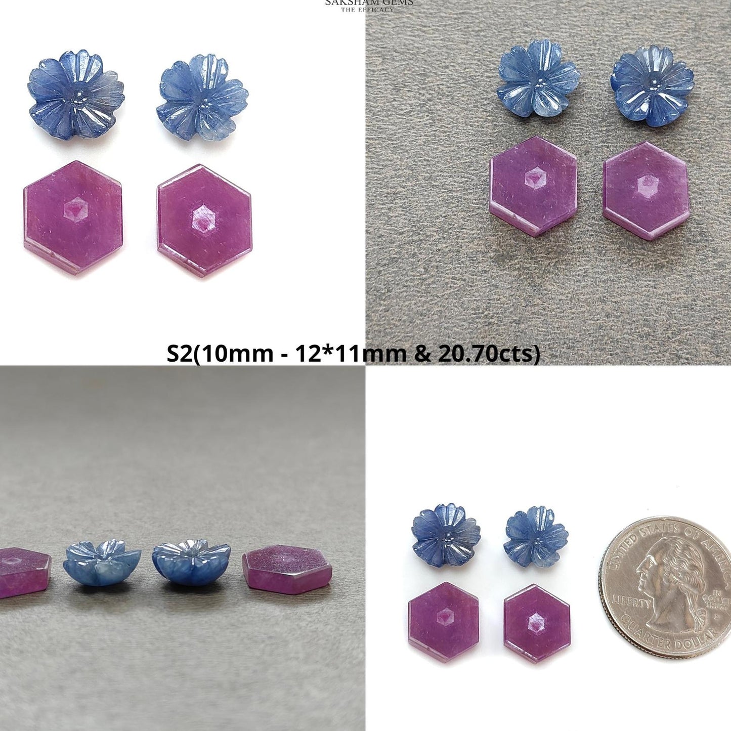 Rosemary Sheen SAPPHIRE Gemstone Flat Slices & Flower Carving : Natural Untreated Unheated Multi Sapphire Round , Hexagon Shapes 4pcs Sets