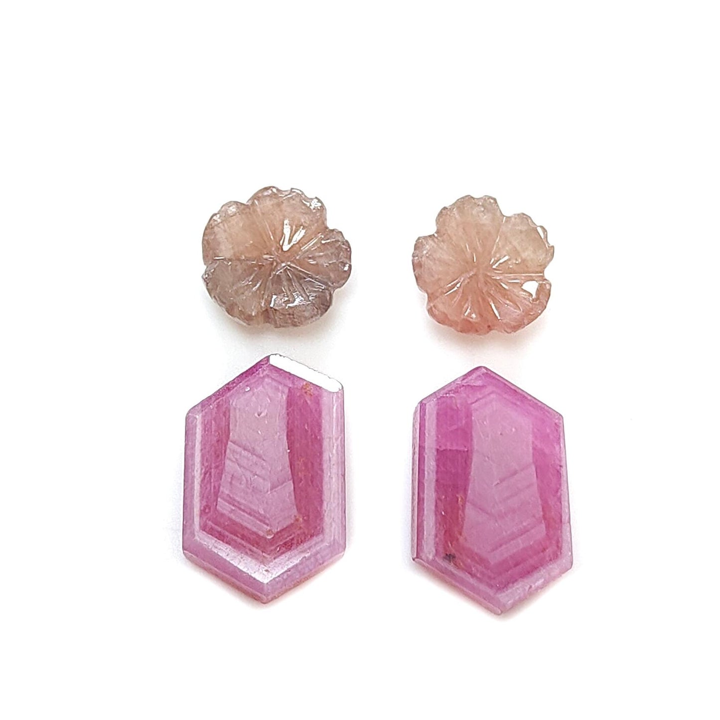 Rosemary Sheen SAPPHIRE Gemstone Flat Slices & Flower Carving : Natural Untreated Unheated Multi Sapphire Round , Hexagon Shapes 4pcs Sets