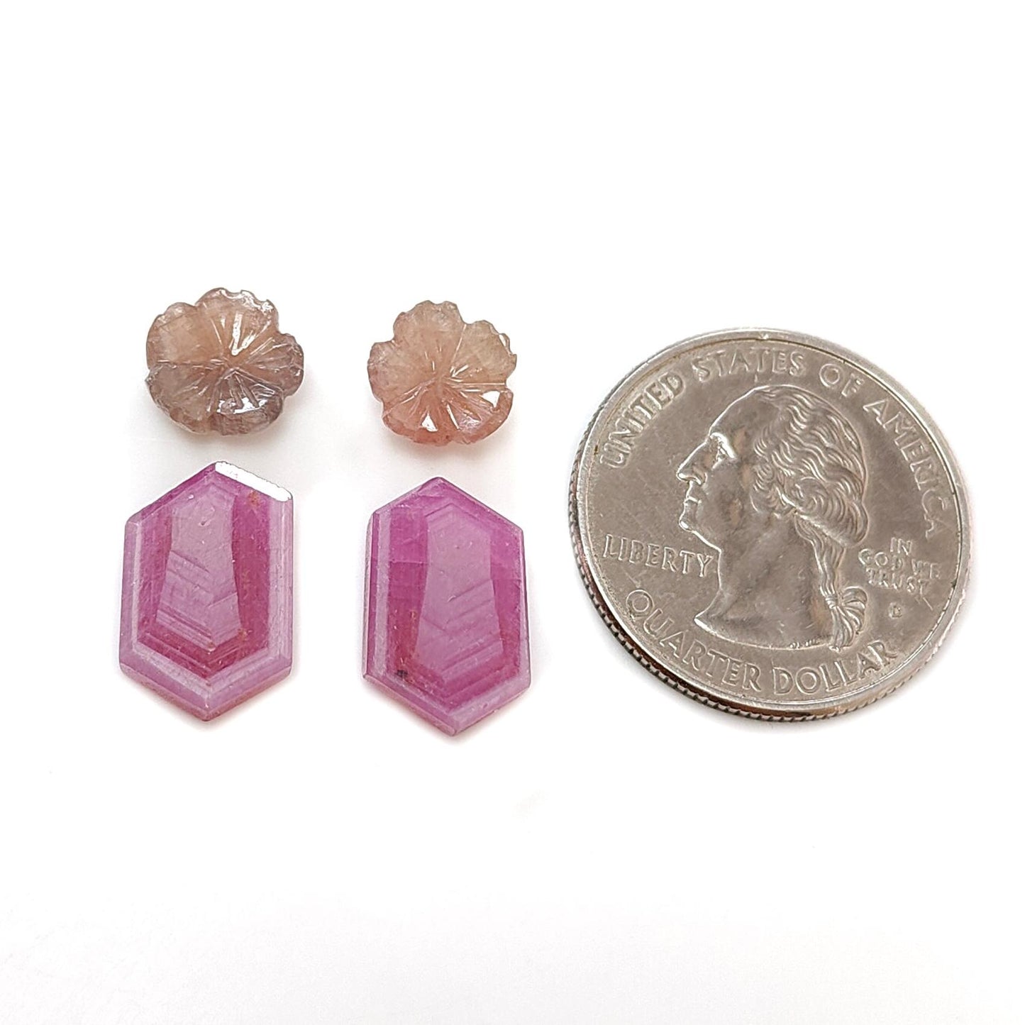Rosemary Sheen SAPPHIRE Gemstone Flat Slices & Flower Carving : Natural Untreated Unheated Multi Sapphire Round , Hexagon Shapes 4pcs Sets