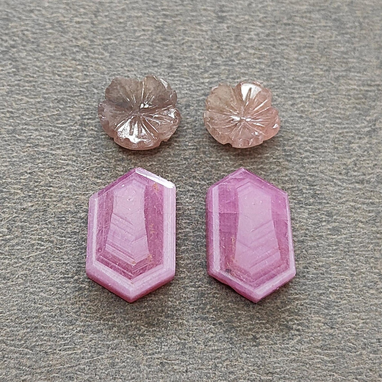 Rosemary Sheen SAPPHIRE Gemstone Flat Slices & Flower Carving : Natural Untreated Unheated Multi Sapphire Round , Hexagon Shapes 4pcs Sets