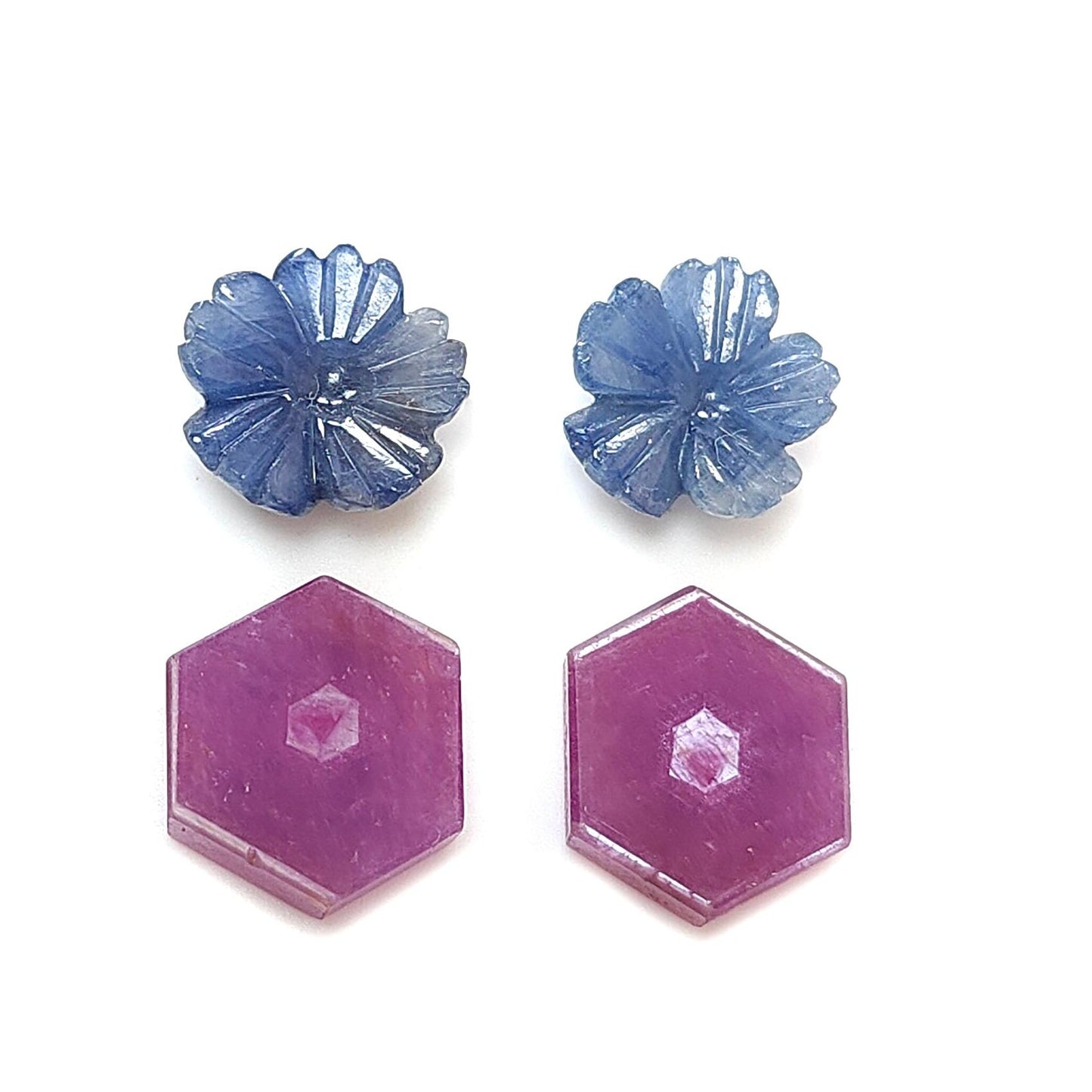 Rosemary Sheen SAPPHIRE Gemstone Flat Slices & Flower Carving : Natural Untreated Unheated Multi Sapphire Round , Hexagon Shapes 4pcs Sets