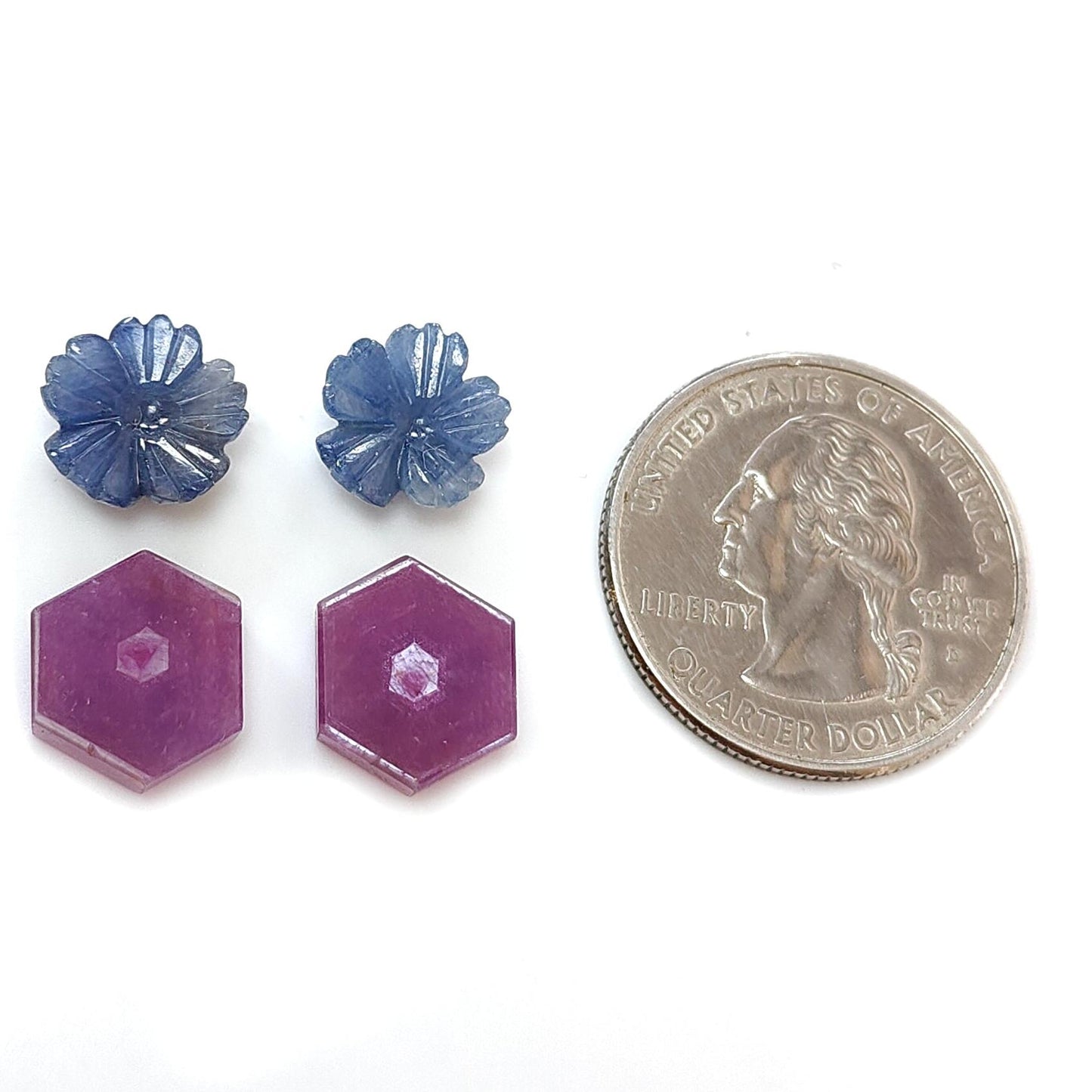 Rosemary Sheen SAPPHIRE Gemstone Flat Slices & Flower Carving : Natural Untreated Unheated Multi Sapphire Round , Hexagon Shapes 4pcs Sets