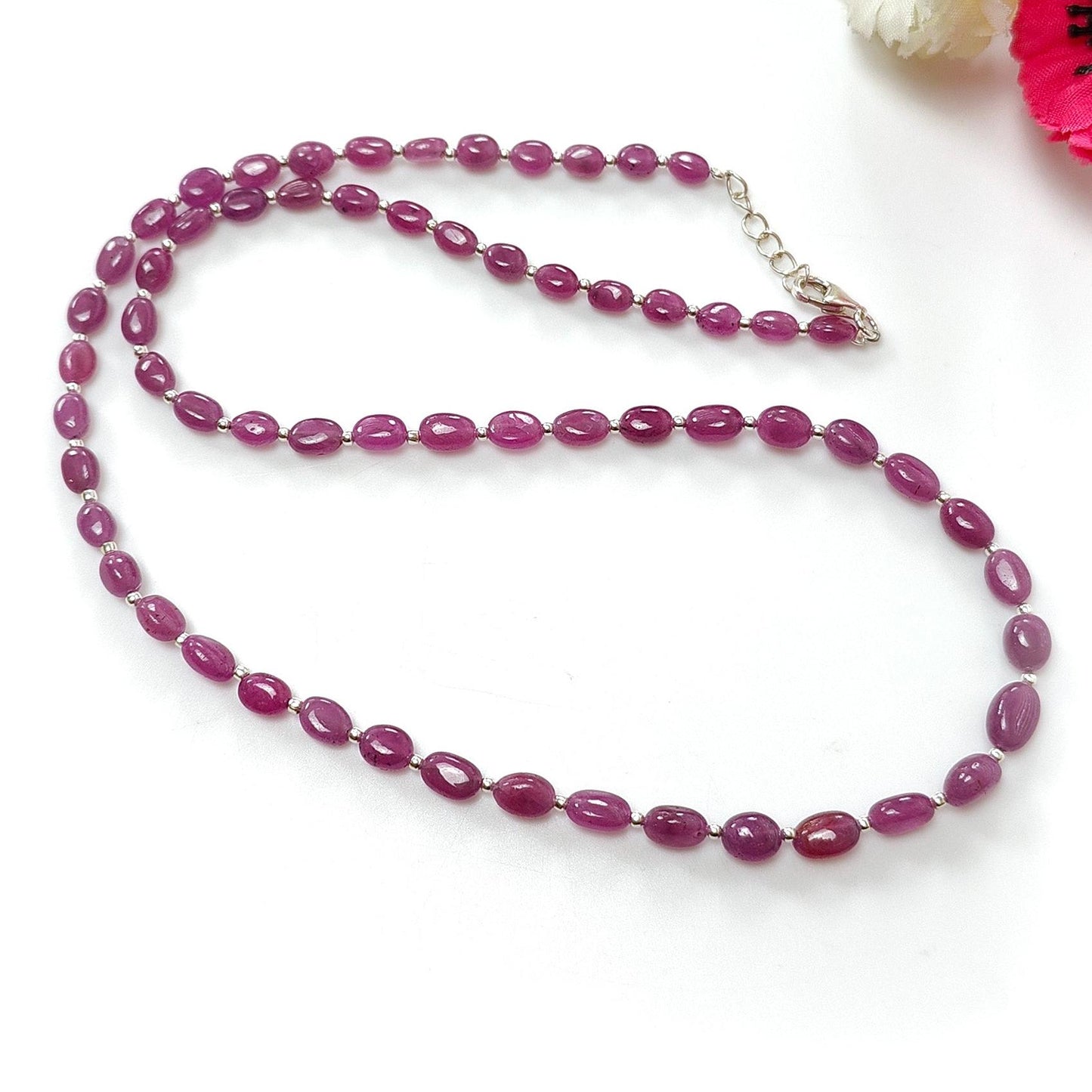 RUBY Gemstone Beads Necklace : 14.80gms (Apx) Natural Untreated 925 Sterling Sliver Plain Oval Shape Necklace 5*4mm - 8*5mm 19" (Apx)