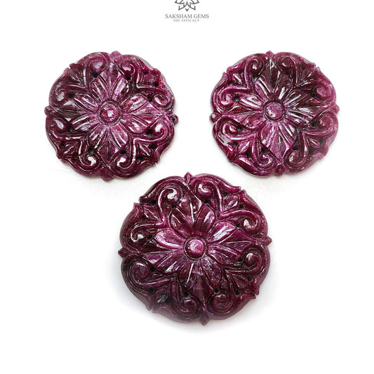 Ruby Gemstone Carving : 146.40cts Natural Untreated Red Ruby Hand Carved Round Flower Shape 30mm - 34mm 3pcs Set