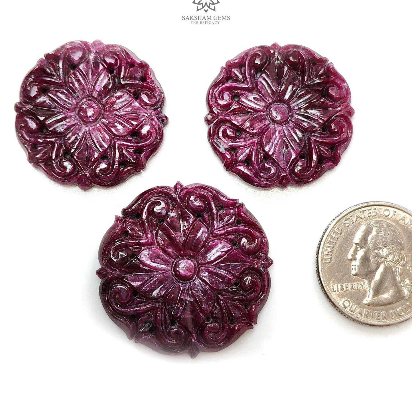 Ruby Gemstone Carving : 146.40cts Natural Untreated Red Ruby Hand Carved Round Flower Shape 30mm - 34mm 3pcs Set