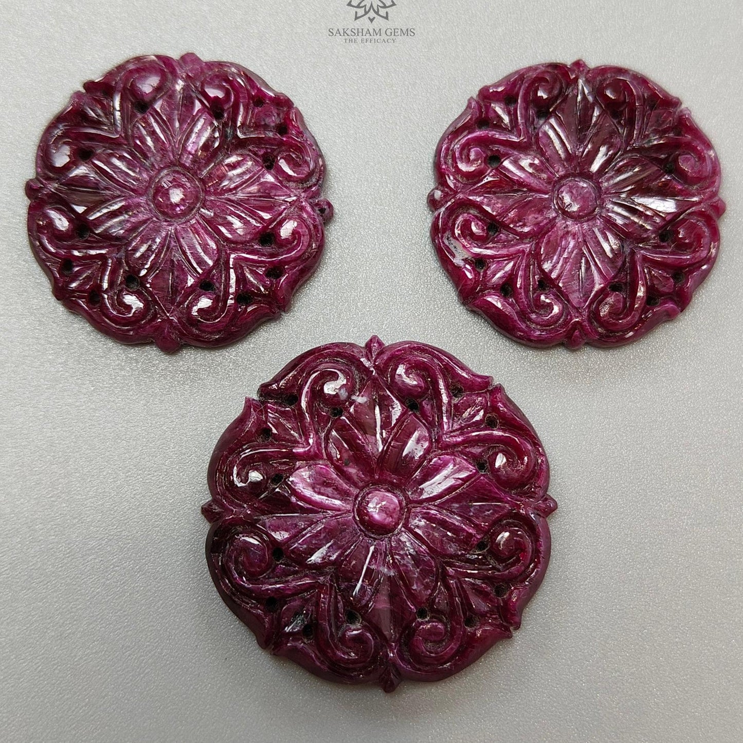 Ruby Gemstone Carving : 146.40cts Natural Untreated Red Ruby Hand Carved Round Flower Shape 30mm - 34mm 3pcs Set