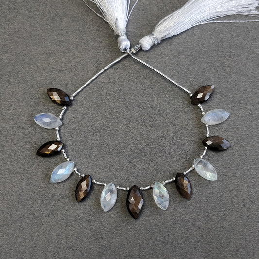 Chocolate Sapphire & Moonstone Gemstone Checker Cut : 34.00cts(Approx) Natural Marquise Faceted Loose Beads 12*6mm - 14*7mm For Bracelet