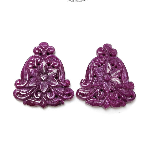 Red RUBY Gemstone Carving : 80.50cts Natural Untreated Unheated Ruby Floral Hand Carved Triangle Shape 35*30 Pair