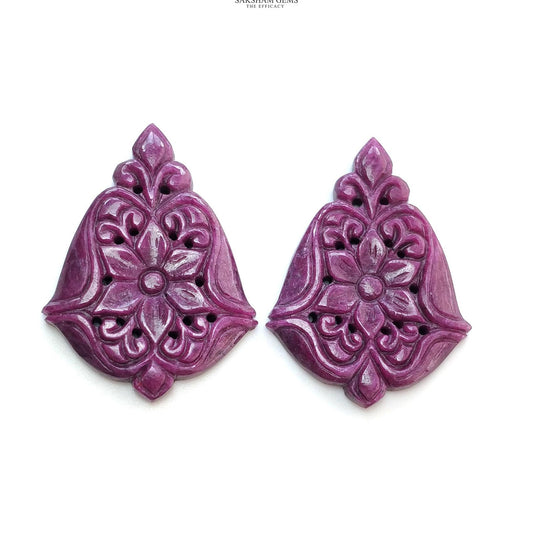 RUBY Gemstone Carving : 84.40cts Natural Untreated Unheated Red Ruby Floral Hand Carved Uneven Shape 41*30mm Pair