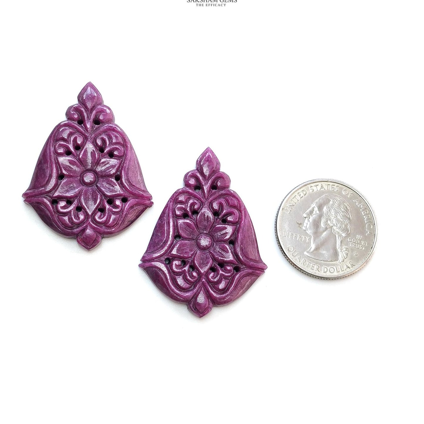 RUBY Gemstone Carving : 84.40cts Natural Untreated Unheated Red Ruby Floral Hand Carved Uneven Shape 41*30mm Pair