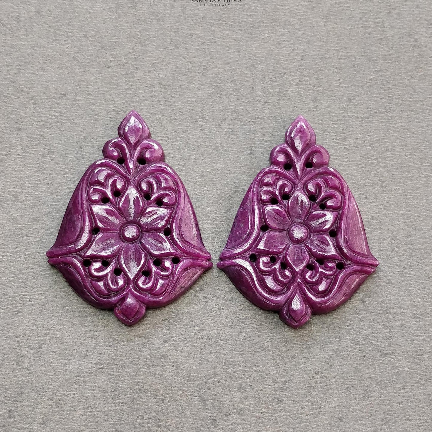 RUBY Gemstone Carving : 84.40cts Natural Untreated Unheated Red Ruby Floral Hand Carved Uneven Shape 41*30mm Pair