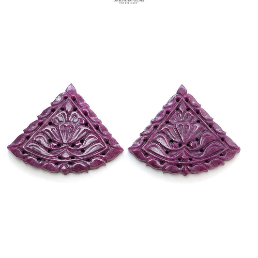 Red RUBY Gemstone Carving : 84.90cts Natural Untreated Unheated Ruby Floral Hand Carved Triangle Shape 35*41 Pair
