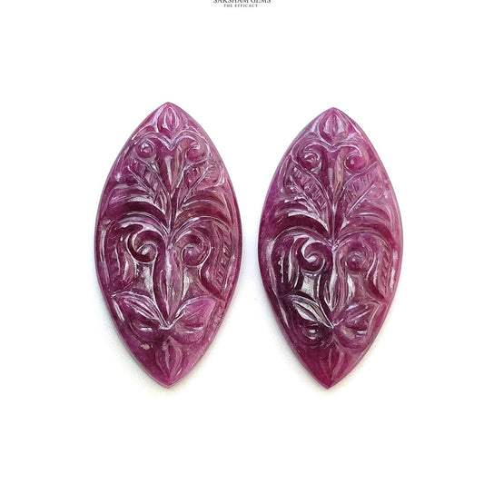 Ruby Gemstone Carving : 44.70cts Natural Untreated Red Ruby Hand Carved Marquise Shape 32*16mm Pair