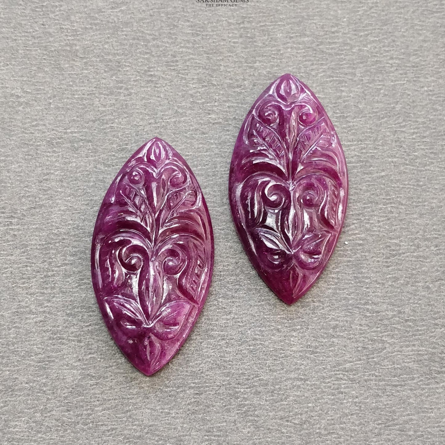 Ruby Gemstone Carving : 44.70cts Natural Untreated Red Ruby Hand Carved Marquise Shape 32*16mm Pair