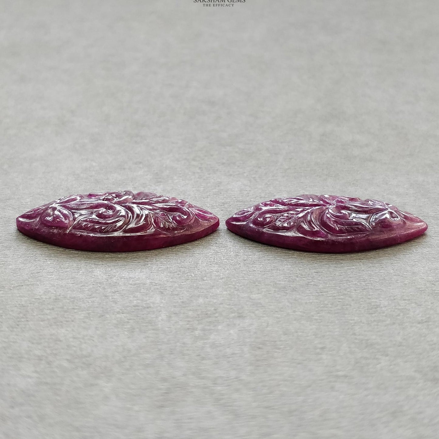 Ruby Gemstone Carving : 44.70cts Natural Untreated Red Ruby Hand Carved Marquise Shape 32*16mm Pair